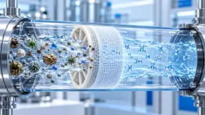 Spiral-wound reverse osmosis membrane separating dissolved impurities from purified water.