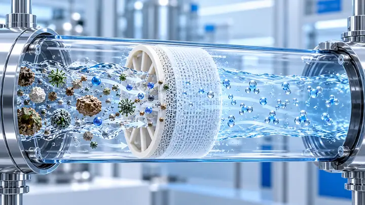 Spiral-wound reverse osmosis membrane separating dissolved impurities from purified water.
