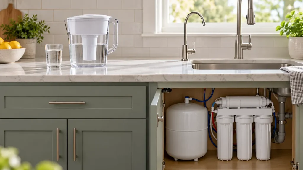 Pitcher filter beside an under-sink reverse osmosis system in a bright kitchen.