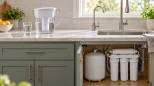 Pitcher filter beside an under-sink reverse osmosis system in a bright kitchen.
