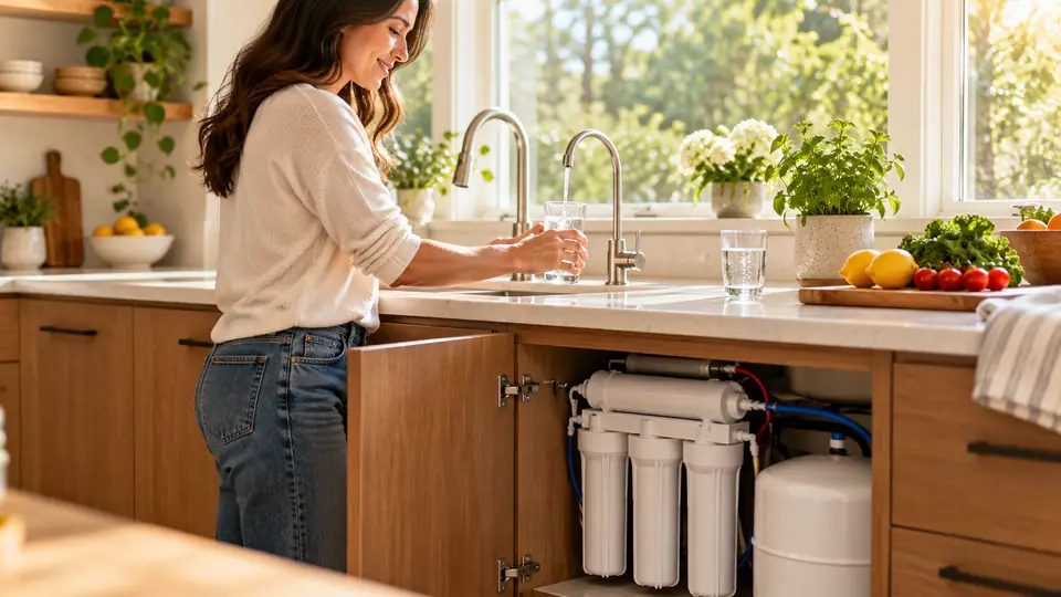 Person filling a glass from a home reverse osmosis faucet in a bright kitchen.