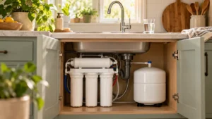 Three-stage reverse osmosis system installed beneath a kitchen sink.