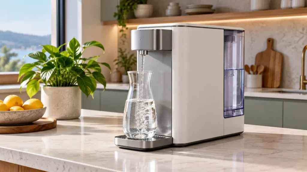 Compact countertop reverse osmosis purifier beside its glass carafe.