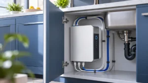 Slim tankless reverse osmosis purifier beneath a modern kitchen sink.